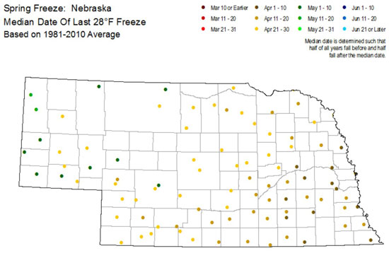 Nebraska map of spring freeze dates