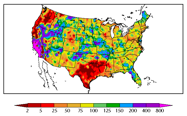 US Map showing percent of normal precipitation