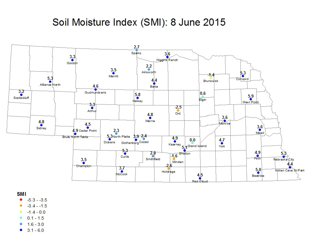Nebraska Soil Moisture Index, June 8, 2015