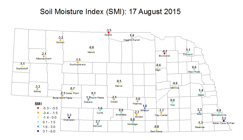 Nebraska Soil Moisture Index Aug. 10, 2015