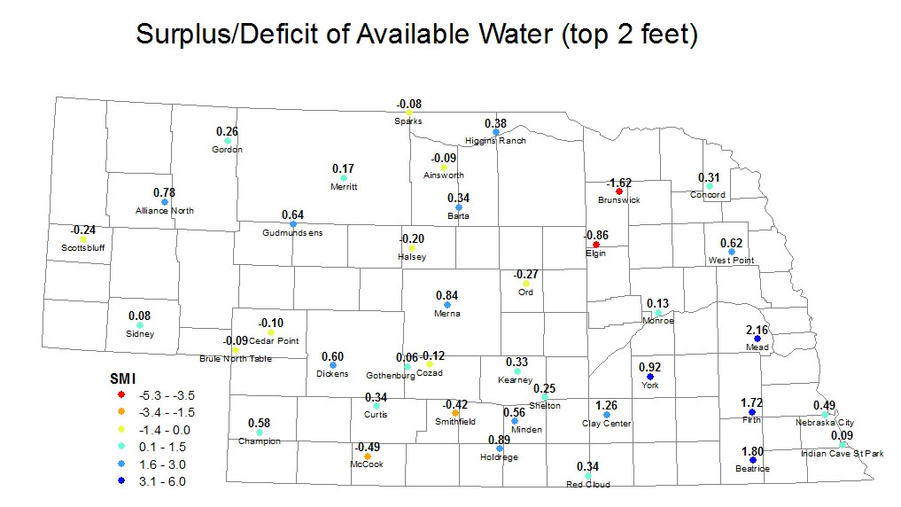 Nebraska map showing surplus or deficit soil moisture at specific sites.