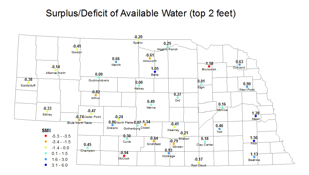 Nebraska map showing surplus or deficit soil moisture for selected sites.