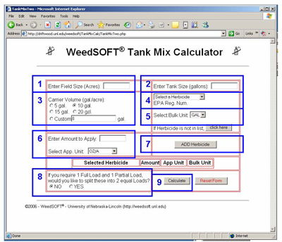 Screen shot of the online WeedSoft Tank-mix Calculator Information input page