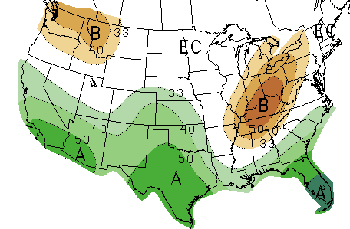 U.S. map showing 3-month precipitation forecast; December 2009