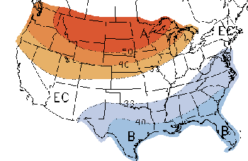U.S. map showing 3-month temperature probabilities; December 2009