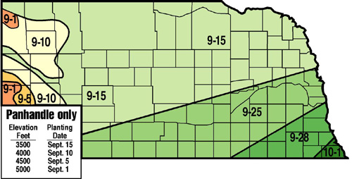 Map of recommended seeding dates for winter wheat in Nebraska