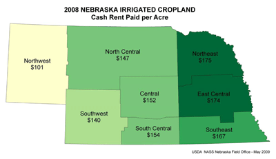 2008 Irrigated Cropland Cash Rent, Averaged by District