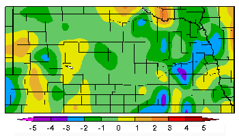 Map of Nebraska showing departure from normal average temperatures for March ranging from -5 to 5.