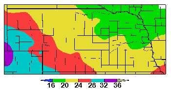 Nebraska map showing average temperature across the state for January 2009.