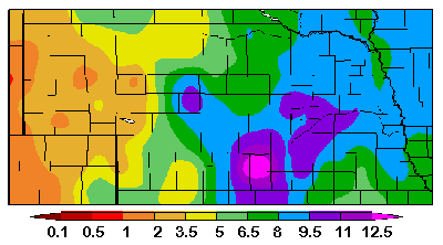 Nebraska map showing precipitation in the state since Oct. 1, 2008.