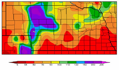 Nebraska map showing percent of normal precipitation for period from Nov. 15, 2008 to February 12, 2009.