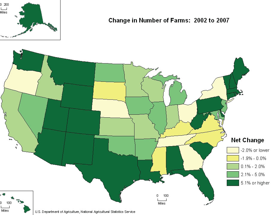USDA: Change in number of farms nationally from 2002 to 2007.