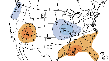 Map depicting the latest 30-day outlook for temperature
