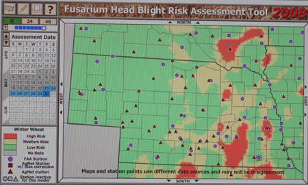 Nebraska map indicating levels of risk for fusarium head blight