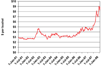 Figure 1. Graphic illustration of winter wheat prices for western Nebraska from 2001 to 2008.