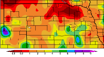 Nebraska map showing precipitation in inches from July 25 through August 7, 2007