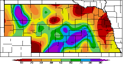 Nebraska map showing percent of maximum available water in soil column from August 1 to August 7, 2007.