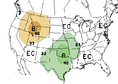 Map showing 30-day precipitation outlook for the United States for July.
