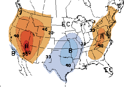 Map showing 30-day temperature for July for the United States.