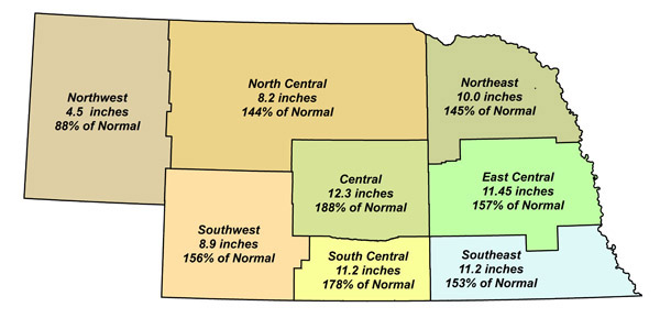Nebraska map showing amounts of rain in April and May by USDA recording district.