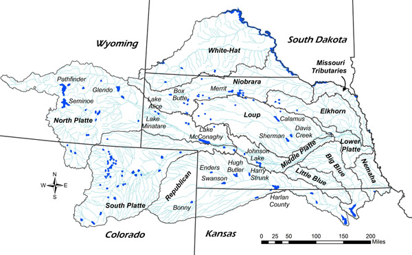 Map showing distribution of Nebraska's watersheds and location of principle irrigation reservoirs.