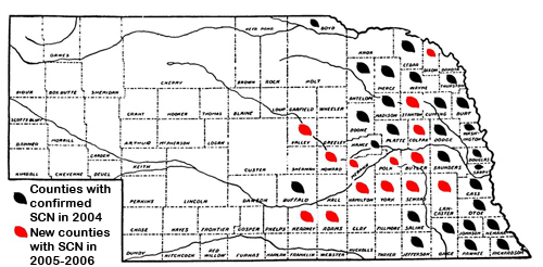 Nebraska map showing counties which had confirmed SCN prior to 2006 in black and the 14 new counties reporting SCN in 2006 in red.