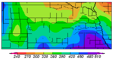 Graphic 4-color map showing degree day accumulations which suggest alfalfa weevil stages.