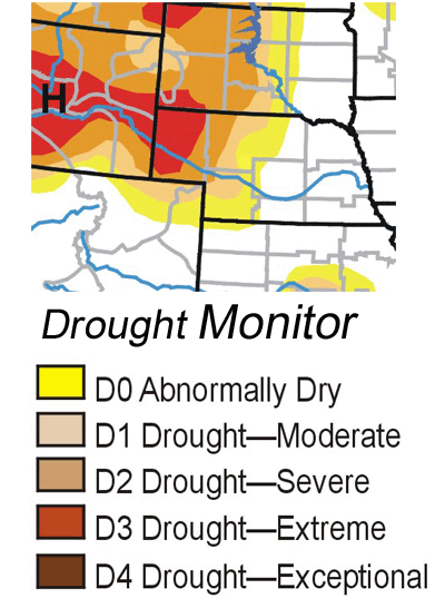 Map of drought areas in Nebraska and eastern Colorado