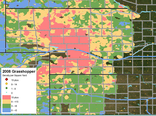 Map showing areas of grasshopper risk in Nebraska for 2009.