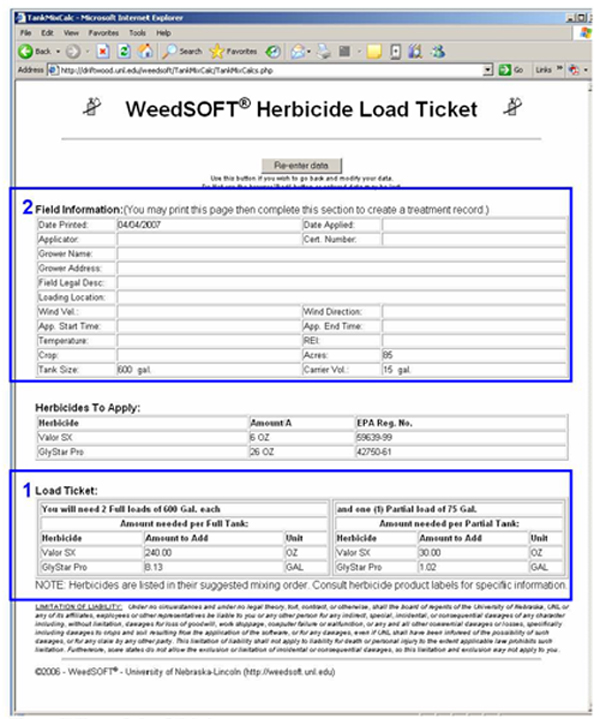 Screenshot of the load ticket