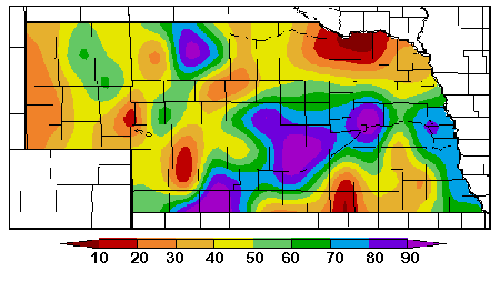 Nebraska map of percent of maximum available water in soil column, Aug. 15-Aug. 21, 2007
