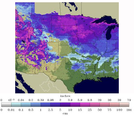 Water equivalent of snow pack across the Midwest