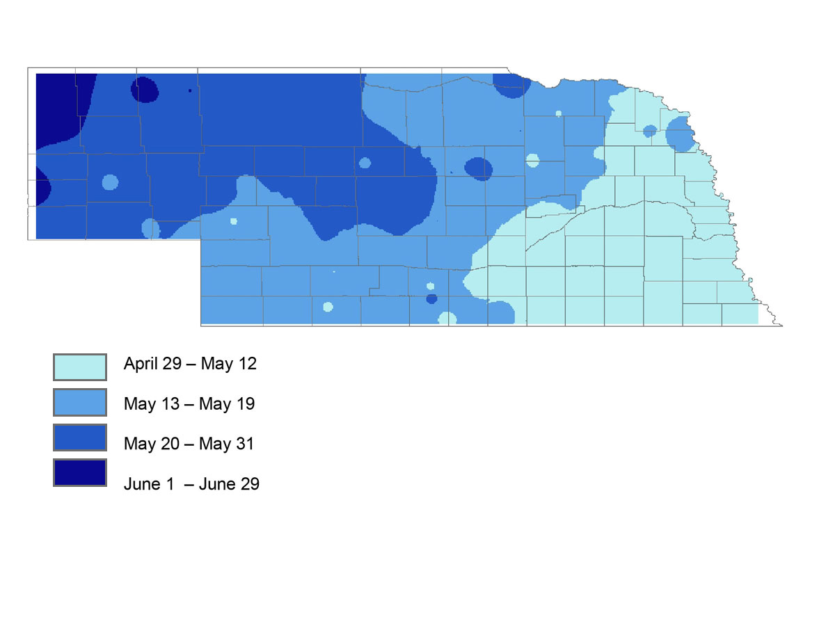 Map showing medium risk of freeze by specified dates