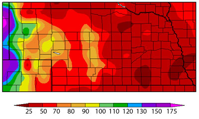 Nebraska map showing departure from normal precipitation since 1/1/2014