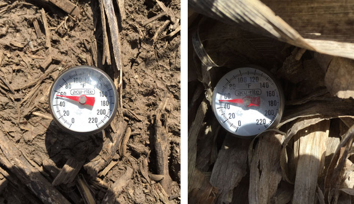 Two thermometers comparing soil temperature under bare soil and residue covered soil.