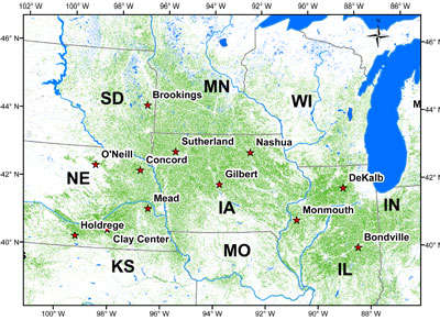Map of sites used for yield forecasts