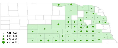 July temperature-corn correlation map of Nebraska