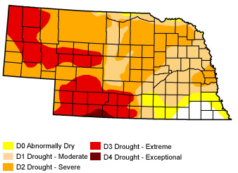 Map indicating drought areas in Nebraska 