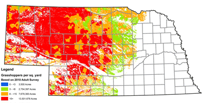 Nebraska map showing areas and levels of potential grasshopper problems for 2011