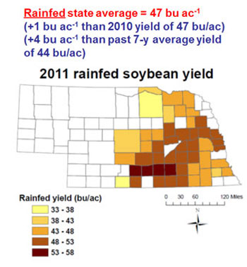 2011 Nebraska Rainfed Soybean Yield by County