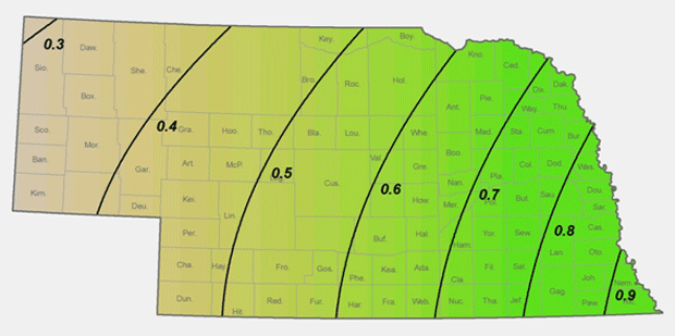 Nebraska map of average precip in August