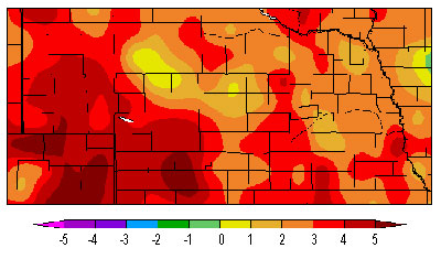 Nebraska map showing departure from normal temperatures