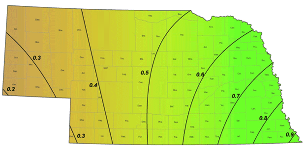 Nebraska map of average precipitation in September