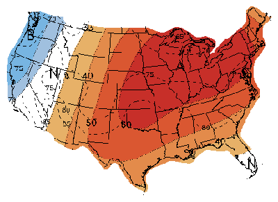 U.S. map of July 21-27 temperature forecast