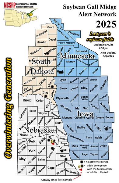 county map for soybean gall midge observations