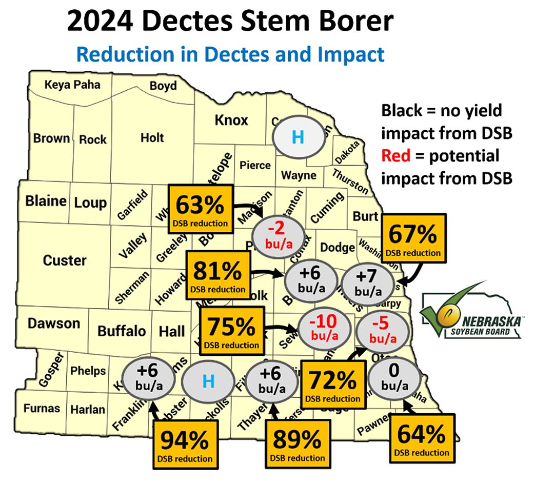 map of eastern Nebraska counties highlighting areas of pest observation