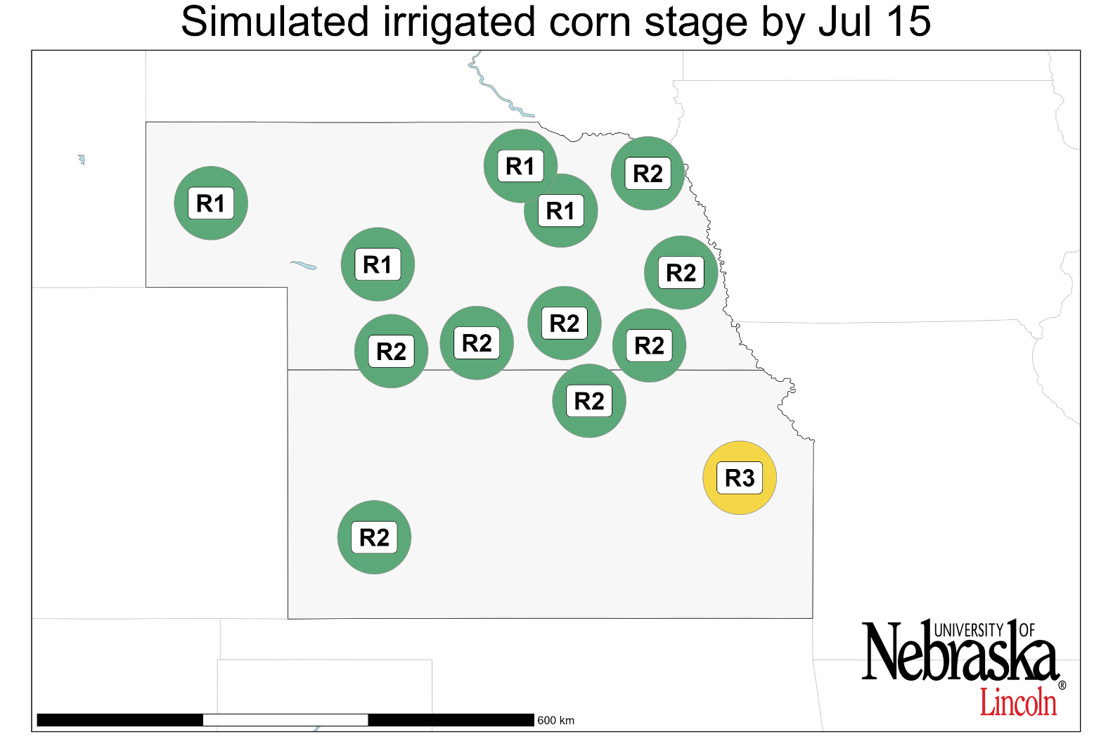 Simulated developmental stage for irrigated corn at each location. Vn: vegetative stage (nth leaf); R1: silking; R2: blister; R3: milk; R4: dough.