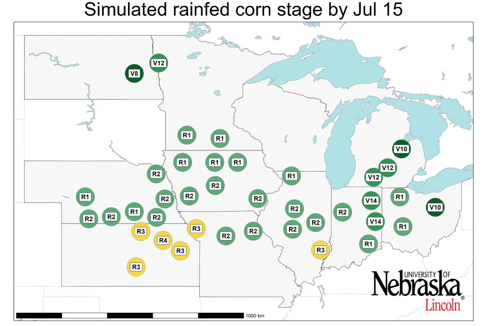 Simulated developmental stage for rainfed corn at each location. Vn: vegetative stage (nth leaf); R1: silking; R2: blister; R3: milk; R4: dough.