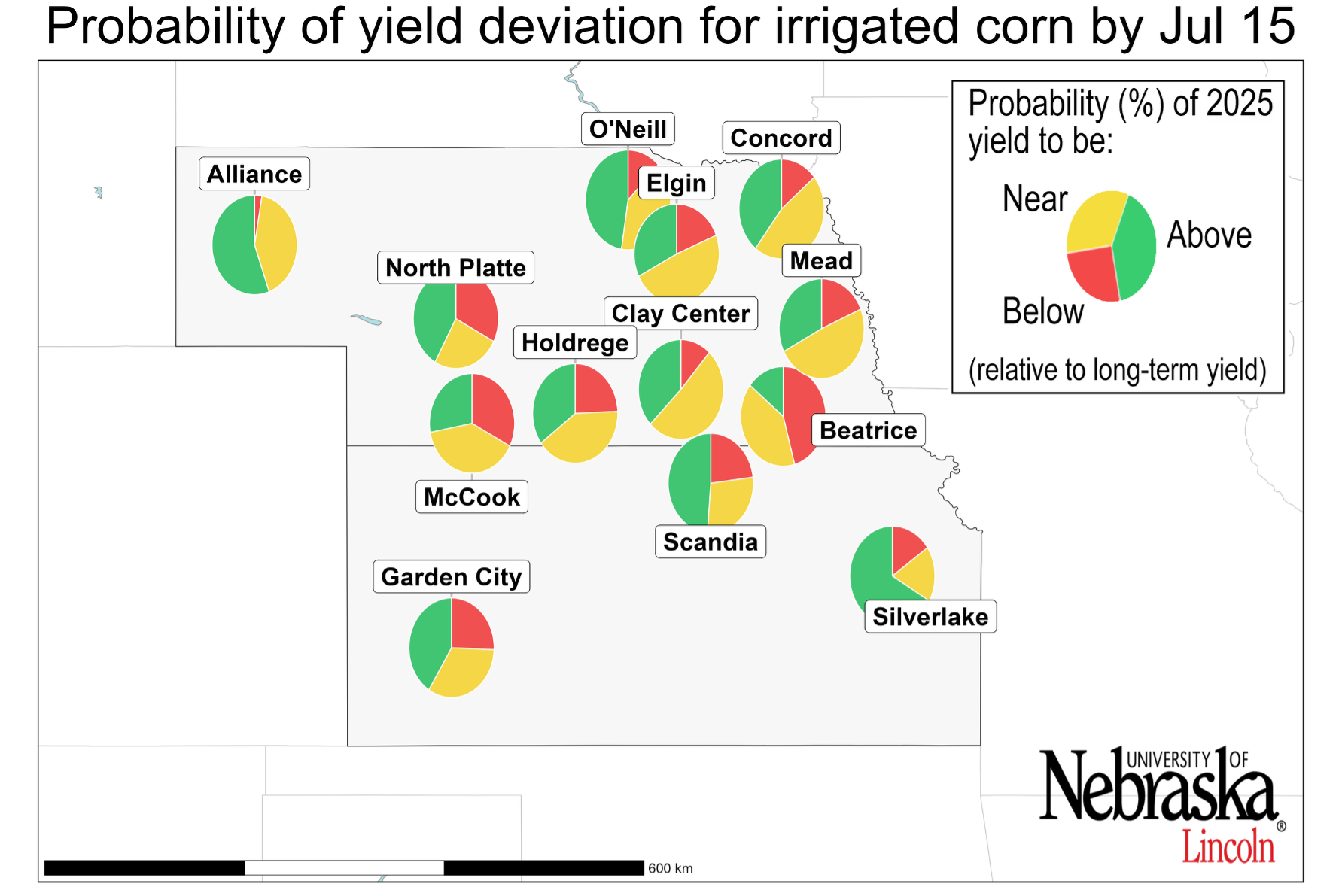 Probability of the 2025 yield potential deviation for irrigated corn.