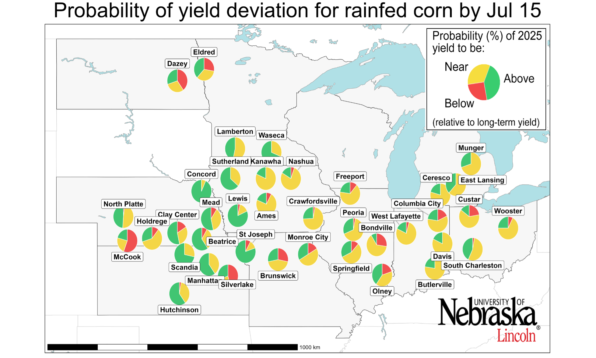 Probability of the 2025 yield potential deviation for rainfed corn.